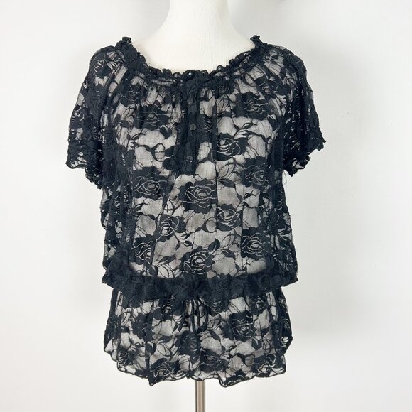 Y2K Black Floral Rose Mesh Top Whimsigoth Fairy See Through Romantic Size 2X Wom - Picture 1 of 5